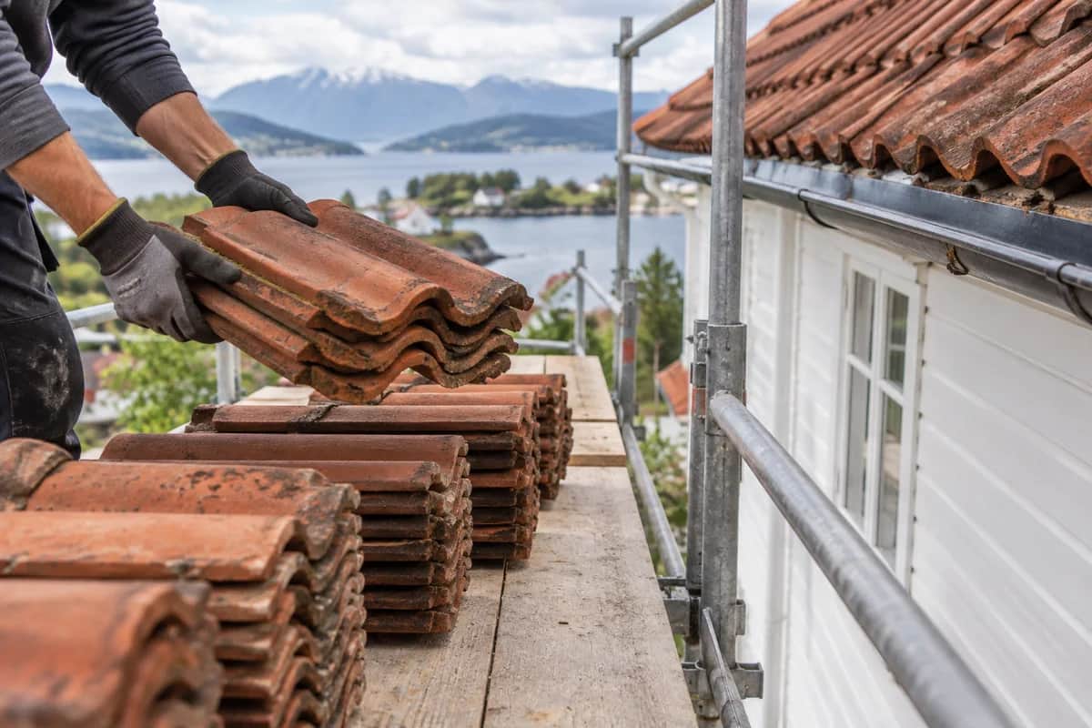 Takstein som tas ned fra taket – generert illustrasjon.