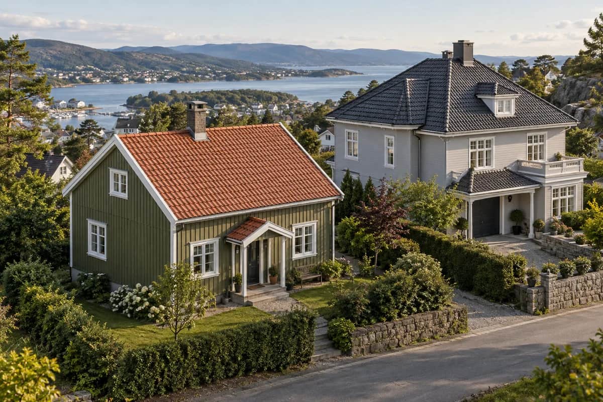 To hus med ulik utforming av taket – generert illustrasjon.