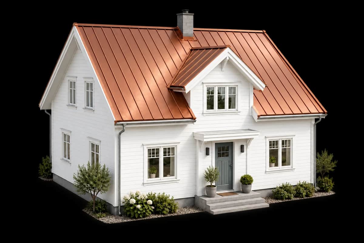 Illustrert hus med båndtekking og falsetak