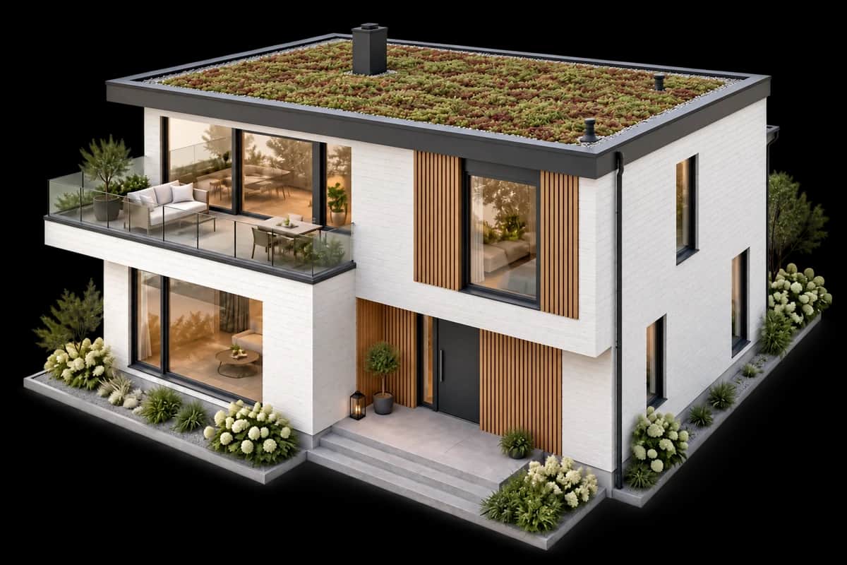 Illustrert hus med sedumtak