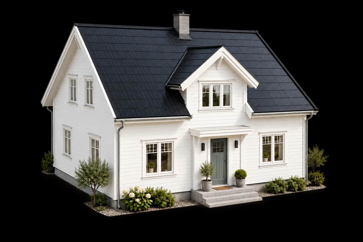 Illustrert hus med integrert solcelletak