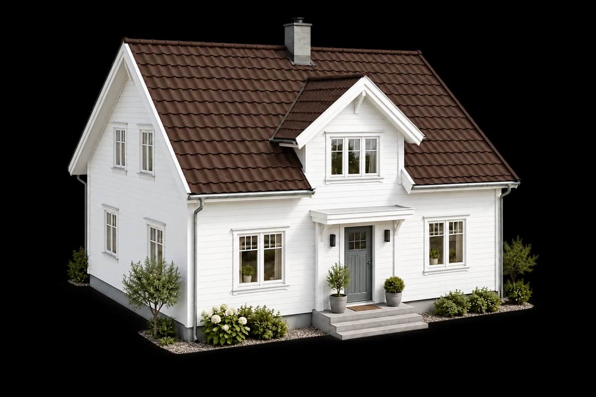 Illustrert hus med steinbelagt stål