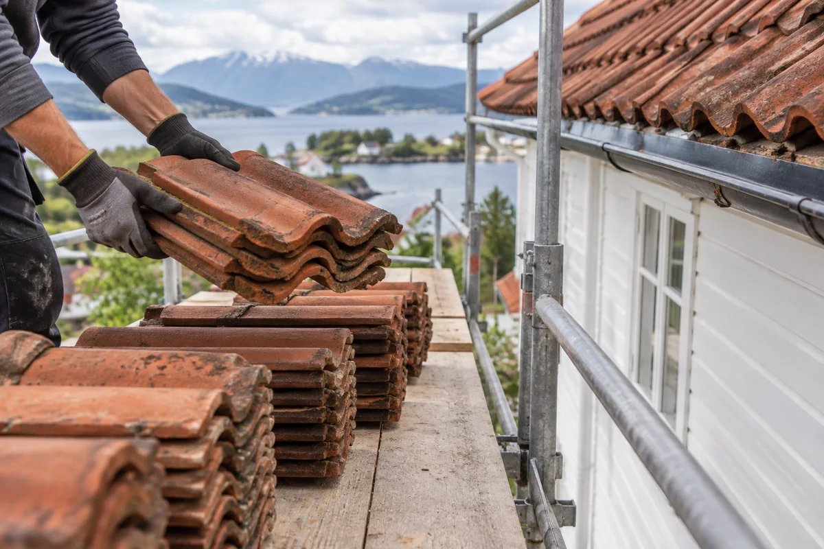 Takstein som tas ned fra taket – generert illustrasjon.