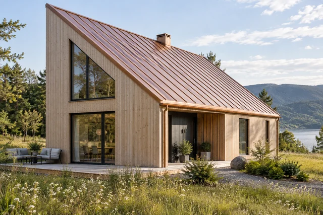 Illustrert hus med båndtekking og falsetak.