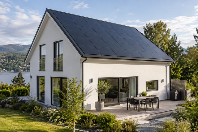 Illustrert hus med integrert solcelletak.
