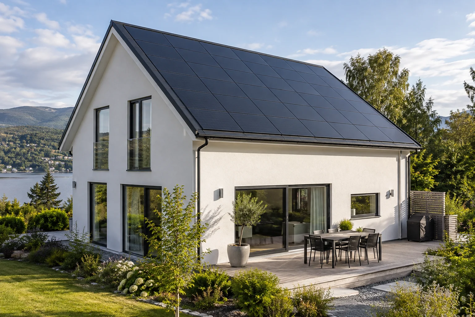 Illustrert hus med integrert solcelletak.