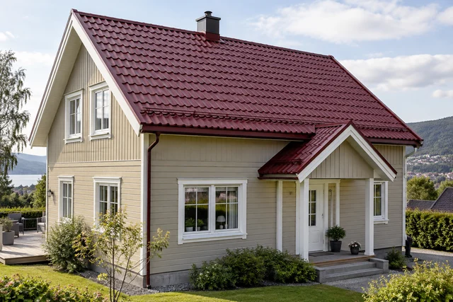 Illustrert hus med metalltakpanner.
