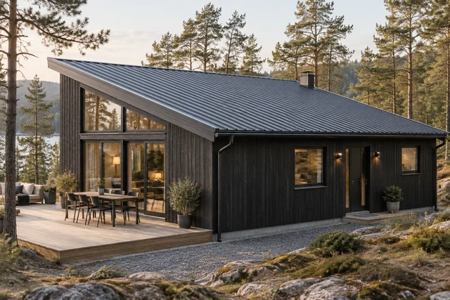 Illustrert hus med profilerte metallplater.