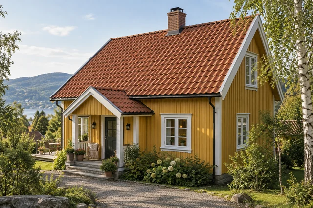 Illustrert hus med tegltakstein.