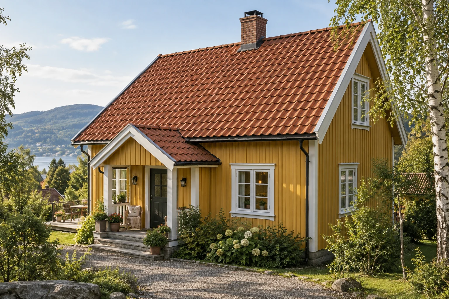 Illustrert hus med tegltakstein.