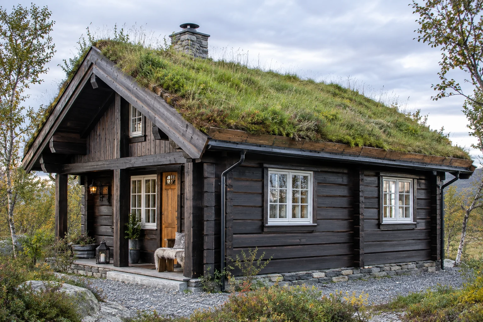 Illustrert hus med torvtak.