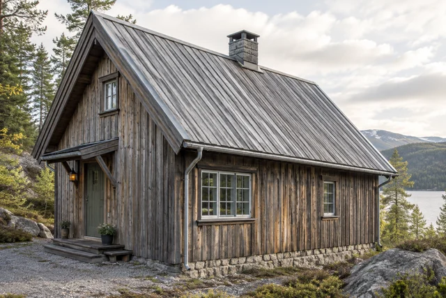 Illustrert hus med tretak.
