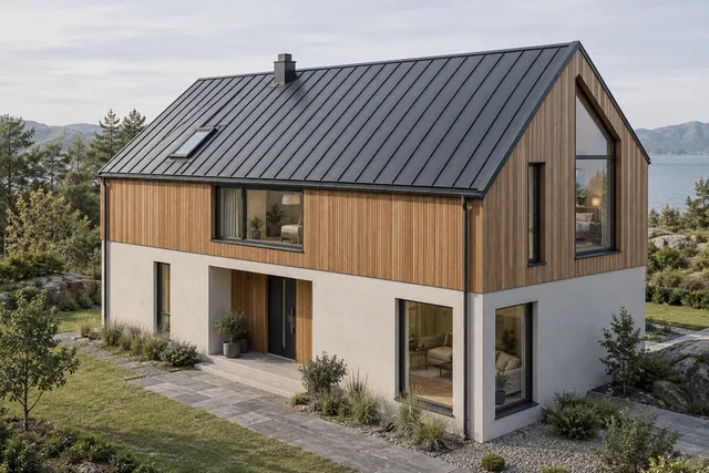 Moderne hus med trekledning og mørkt metalltak med stående falser.