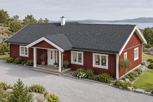 Rødt trehus med lave saltak og mørk, rektangulær takshingel.