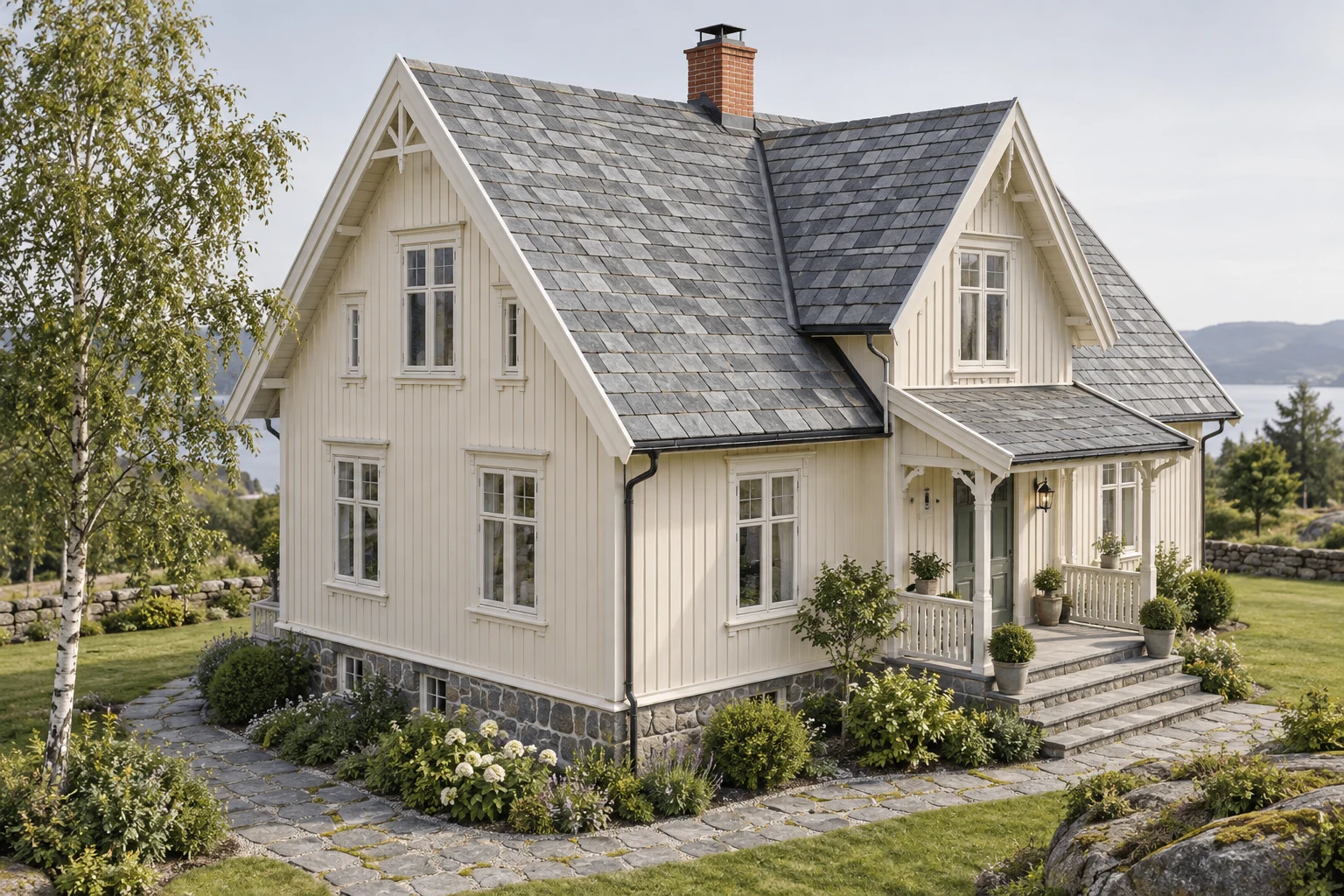 Eksempelhuset vist med rektangel · grå. Overflate: naturlig steinoverflate.