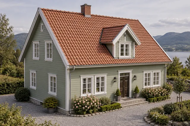 Salviegrønt trehus med røde tegltakstein, takark og mursteinspipe.